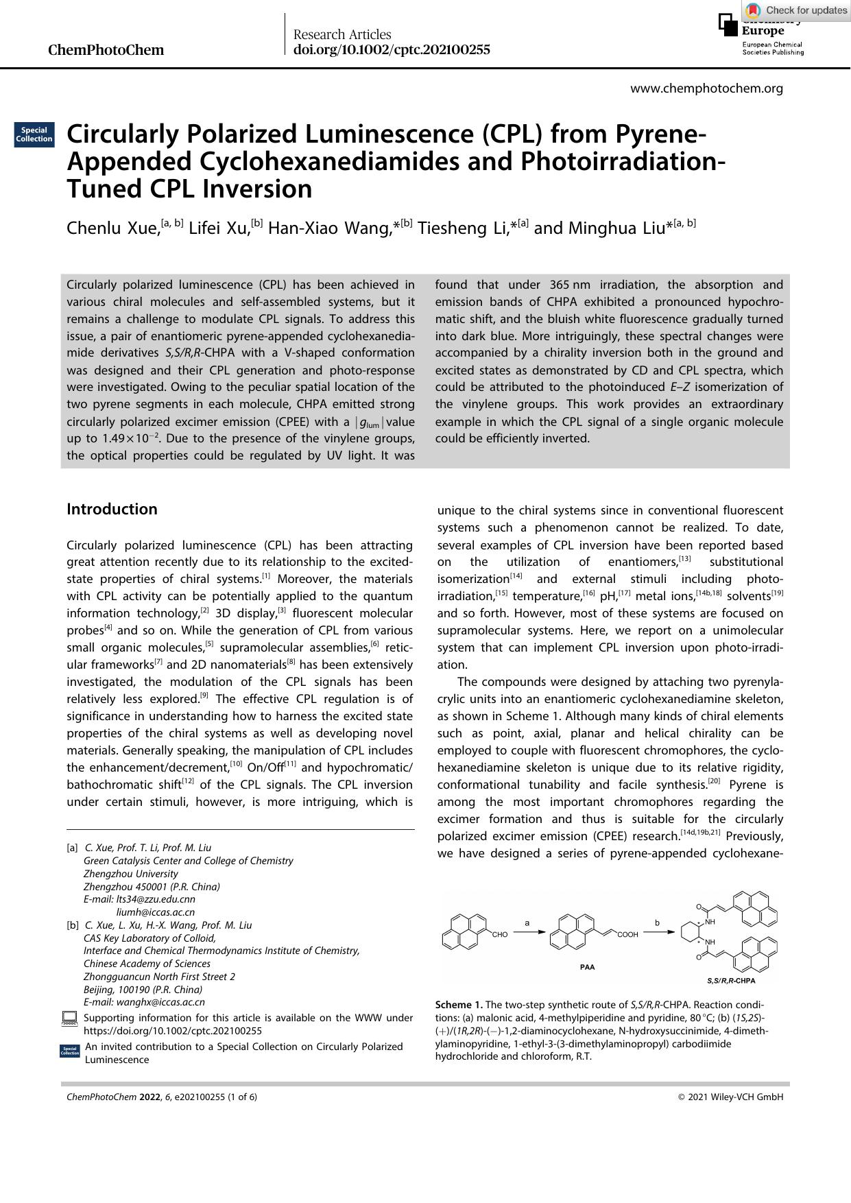 Circularly Polarized Luminescence (CPL) from PyreneâAppended Cyclohexanediamides and PhotoirradiationâTuned CPL Inversion by Unknown