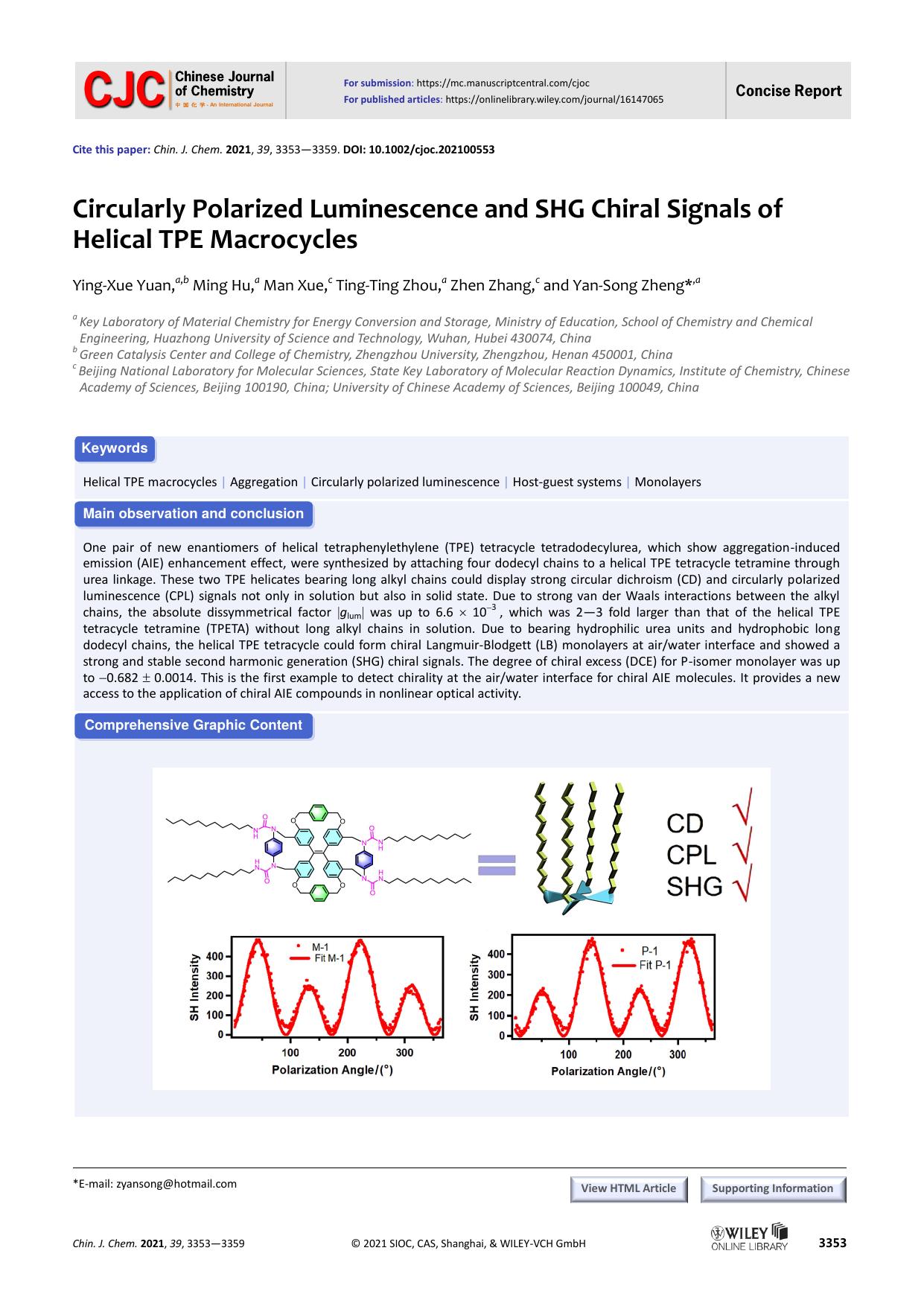Circularly Polarized Luminescence and SHG Chiral Signals of Helical TPE Macrocycles by Yansong Zheng