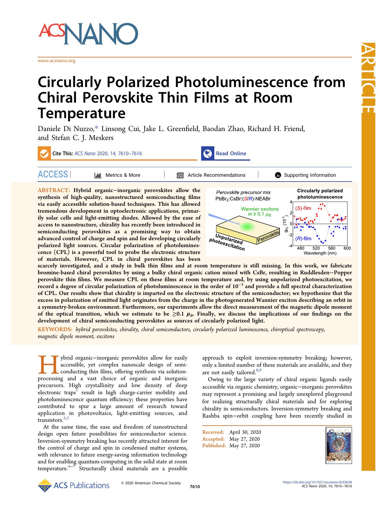 Circularly Polarized Photoluminescence from Chiral Perovskite Thin Films at Room Temperature by unknow