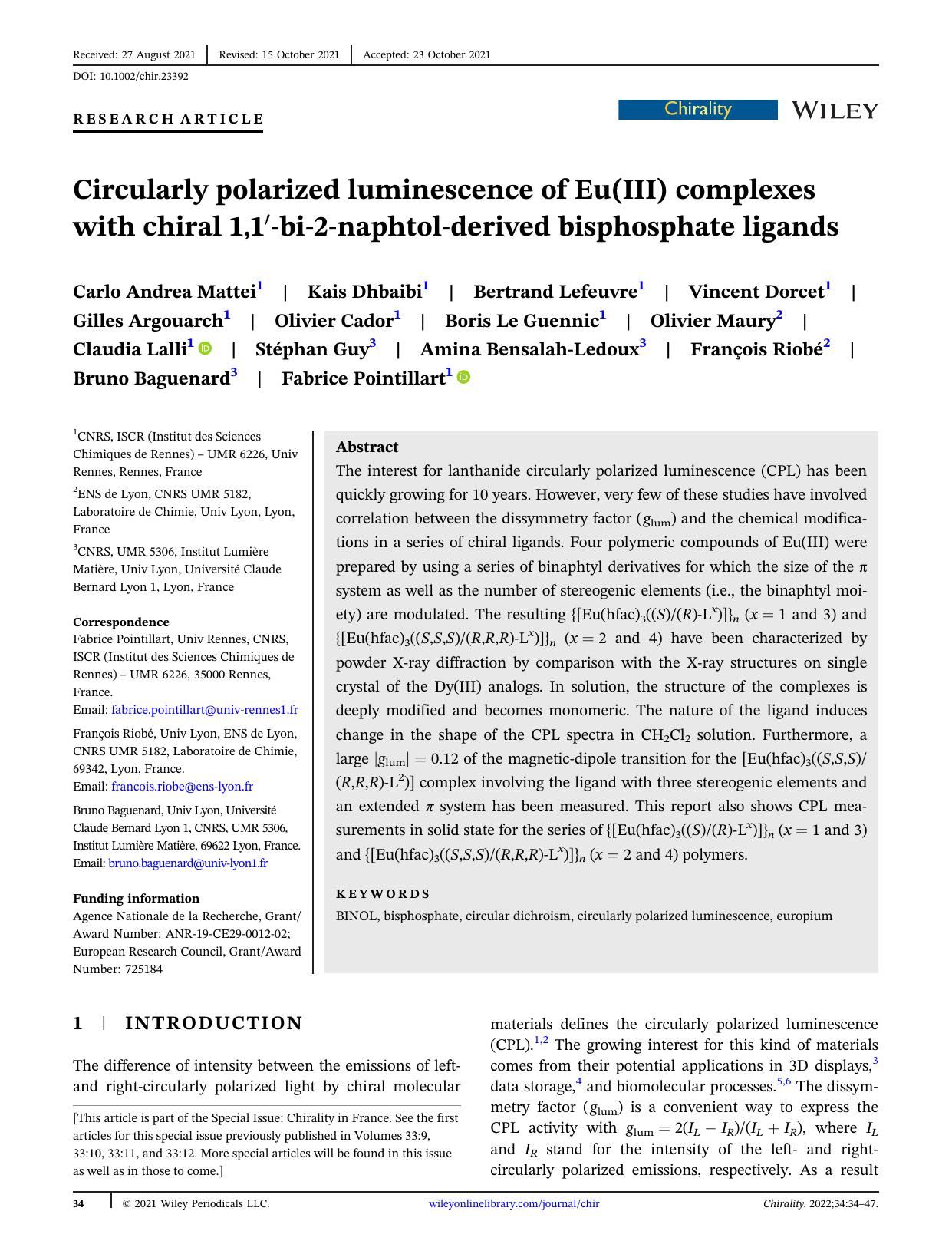 Circularly polarized luminescence of Eu(III) complexes with chiral 1,1âbiâ2ânaphtolâderived bisphosphate ligands by unknow