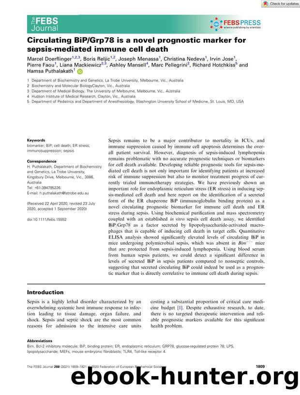 Circulating BiPGrp78 is a novel prognostic marker for sepsisâmediated immune cell death by Unknown