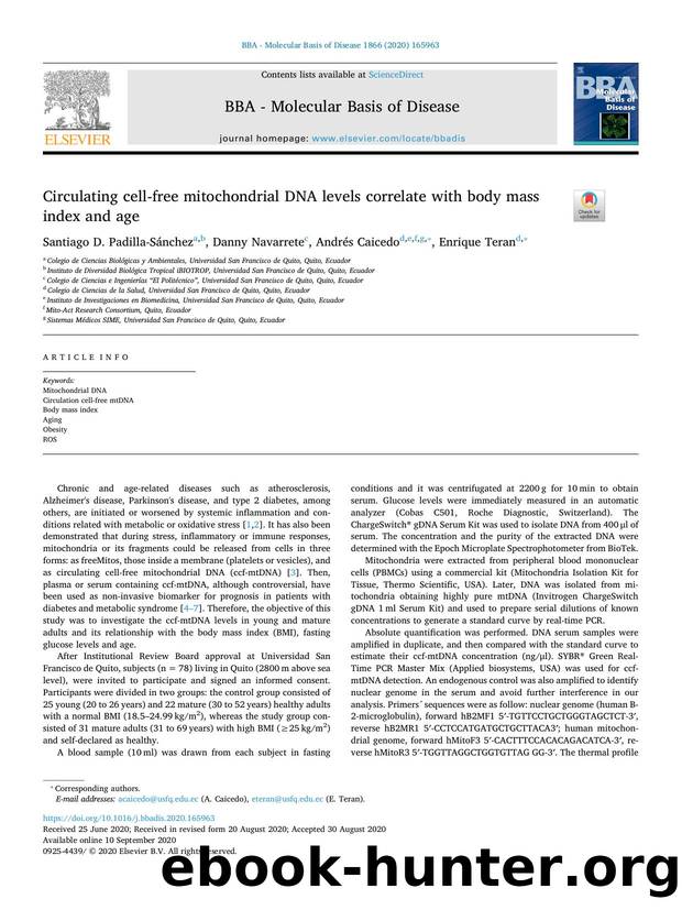 Circulating cell-free mitochondrial DNA levels correlate with body mass index and age by Santiago D. Padilla-Sánchez & Danny Navarrete & Andrés Caicedo & Enrique Teran