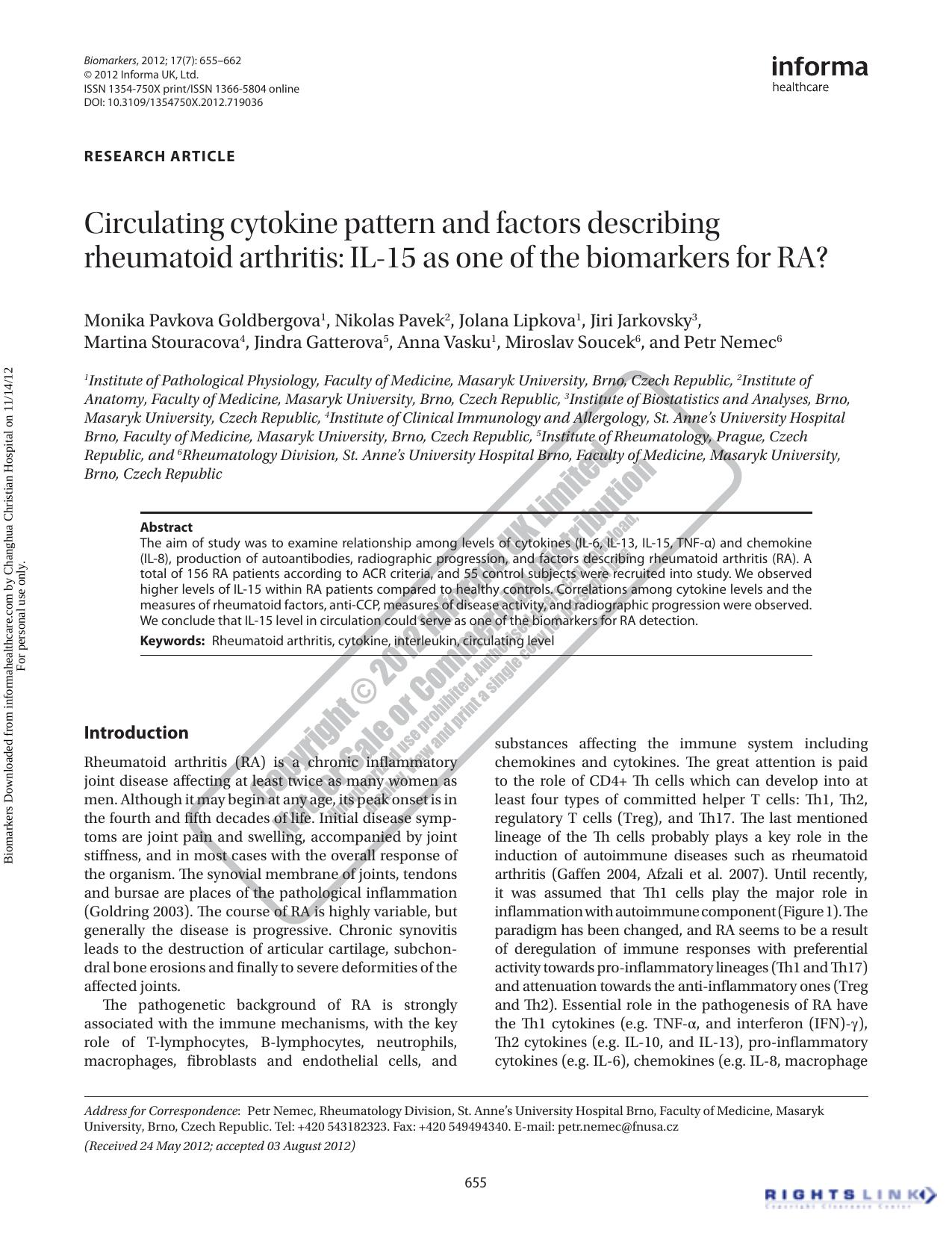 Circulating cytokine pattern and factors describing rheumatoid arthritis: IL-15 as one of the biomarkers for RA? by unknow