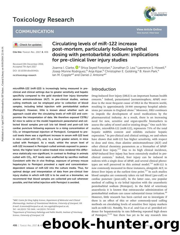 Circulating levels of miR-122 increase post-mortem, particularly following lethal dosing with pentobarbital sodium: implications for pre-clinical liver injury studies by unknow