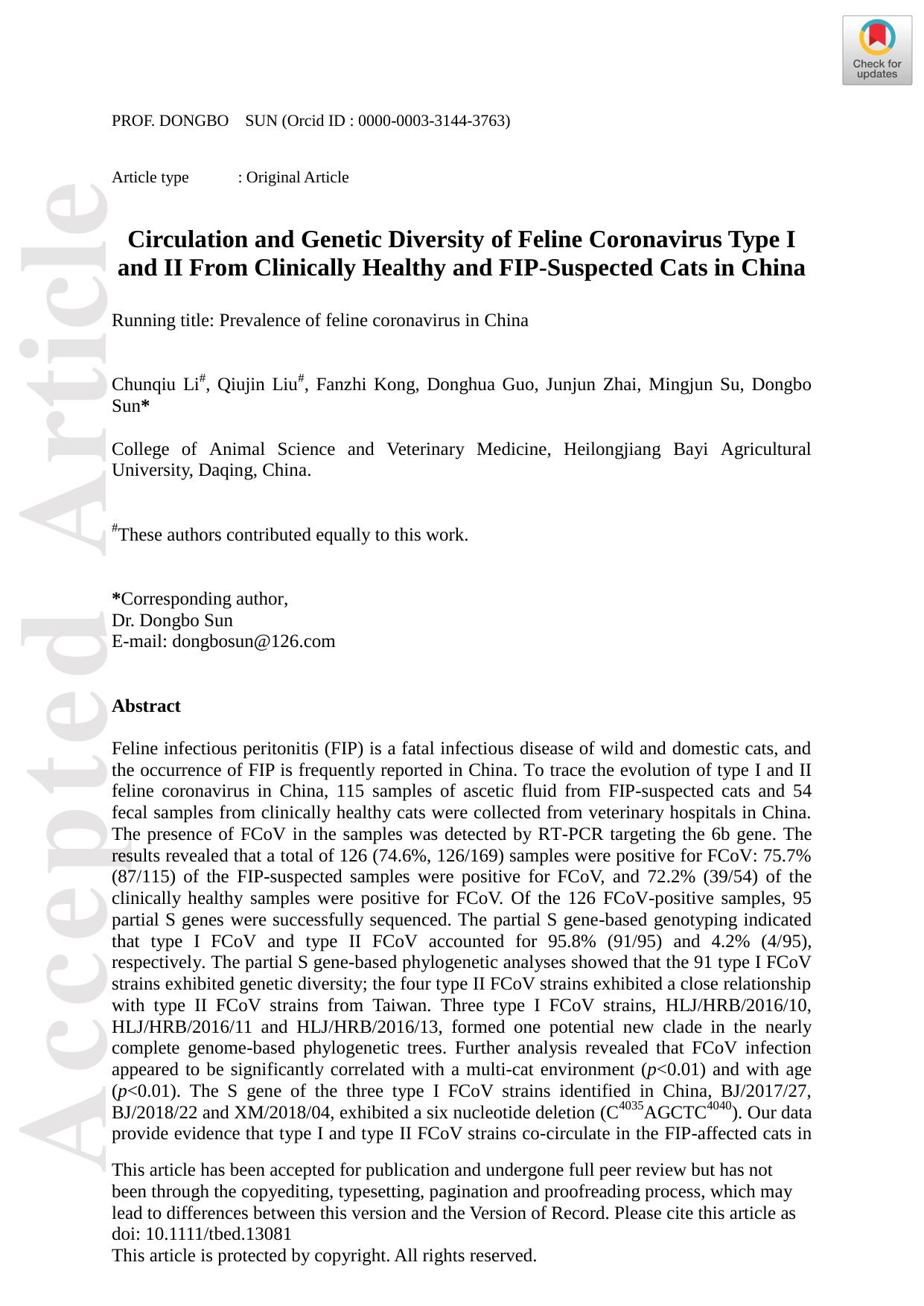 Circulation and Genetic Diversity of Feline Coronavirus Type I and II From Clinically Healthy and FIP‐Suspected Cats in China by Unknown