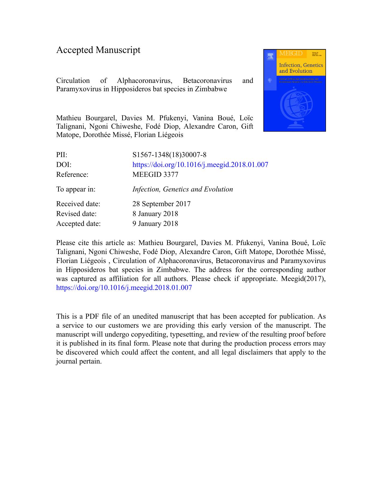 Circulation of Alphacoronavirus, Betacoronavirus and Paramyxovirus in Hipposideros bat species in Zimbabwe by unknow