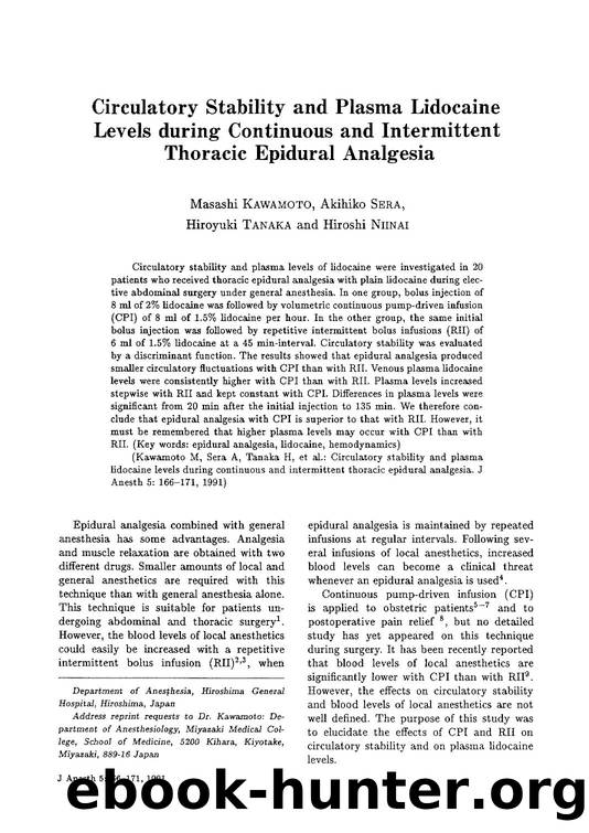 Circulatory stability and plasma lidocaine levels during continuous and intermittent thoracic epidural analgesia by Unknown