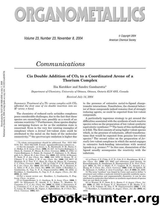 Cis Double Addition of CO2 to a Coordinated Arene of a Thorium Complex by Ilia Korobkov & Sandro Gambarotta*