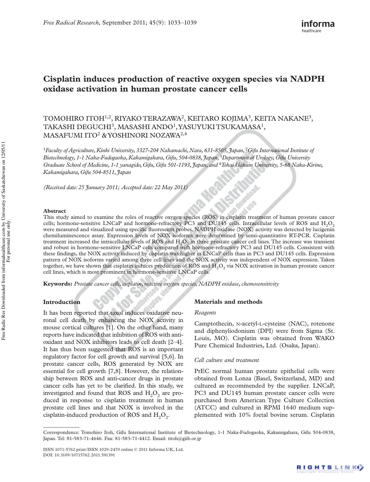 Cisplatin induces production of reactive oxygen species via NADPH oxidase activation in human prostate cancer cells by unknow