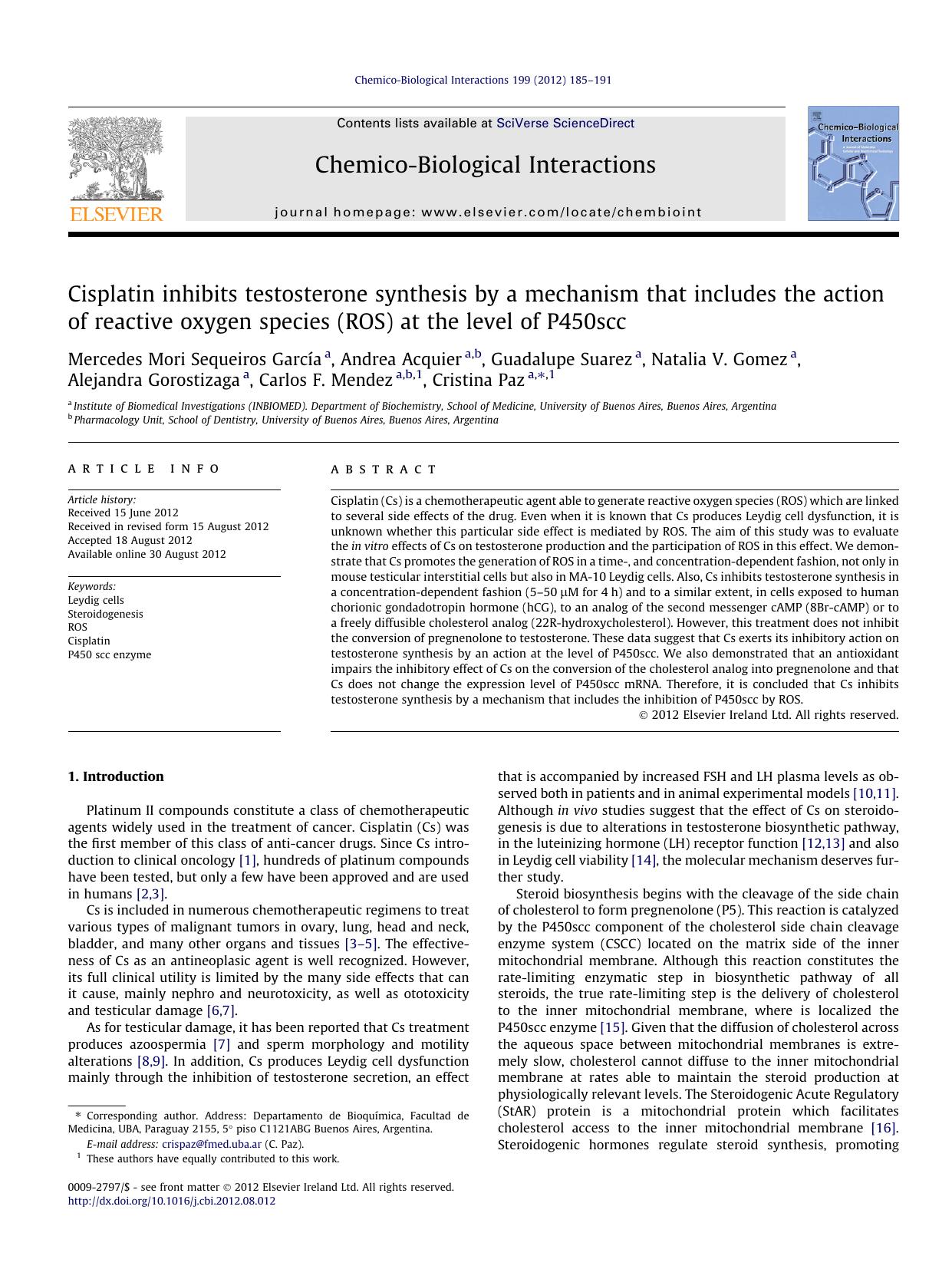 Cisplatin inhibits testosterone synthesis by a mechanism that includes the action of reactive oxygen species (ROS) at the level of P450scc by unknow
