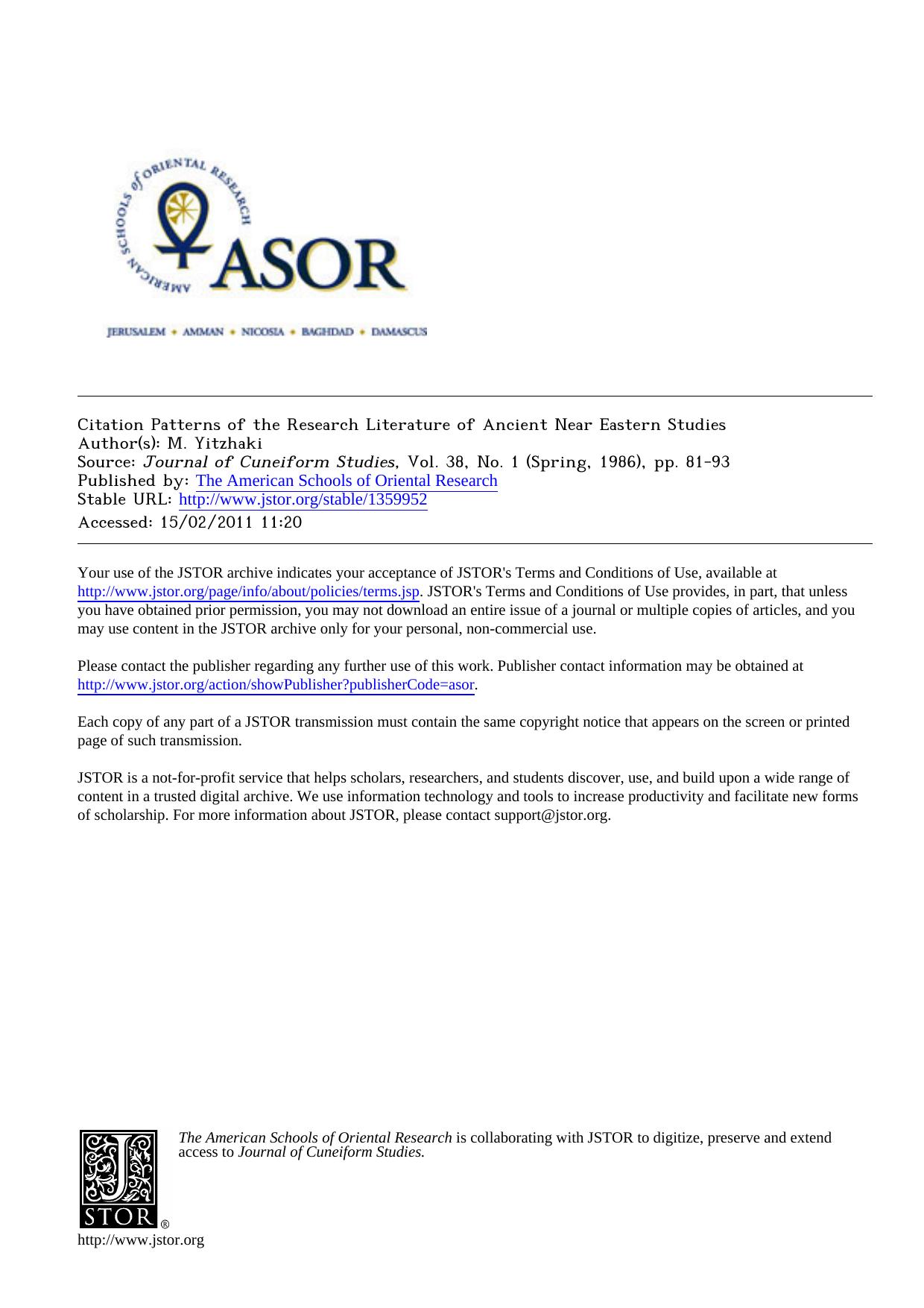 Citation Patterns of the Research Literature of Ancient Near Eastern Studies by Unknown