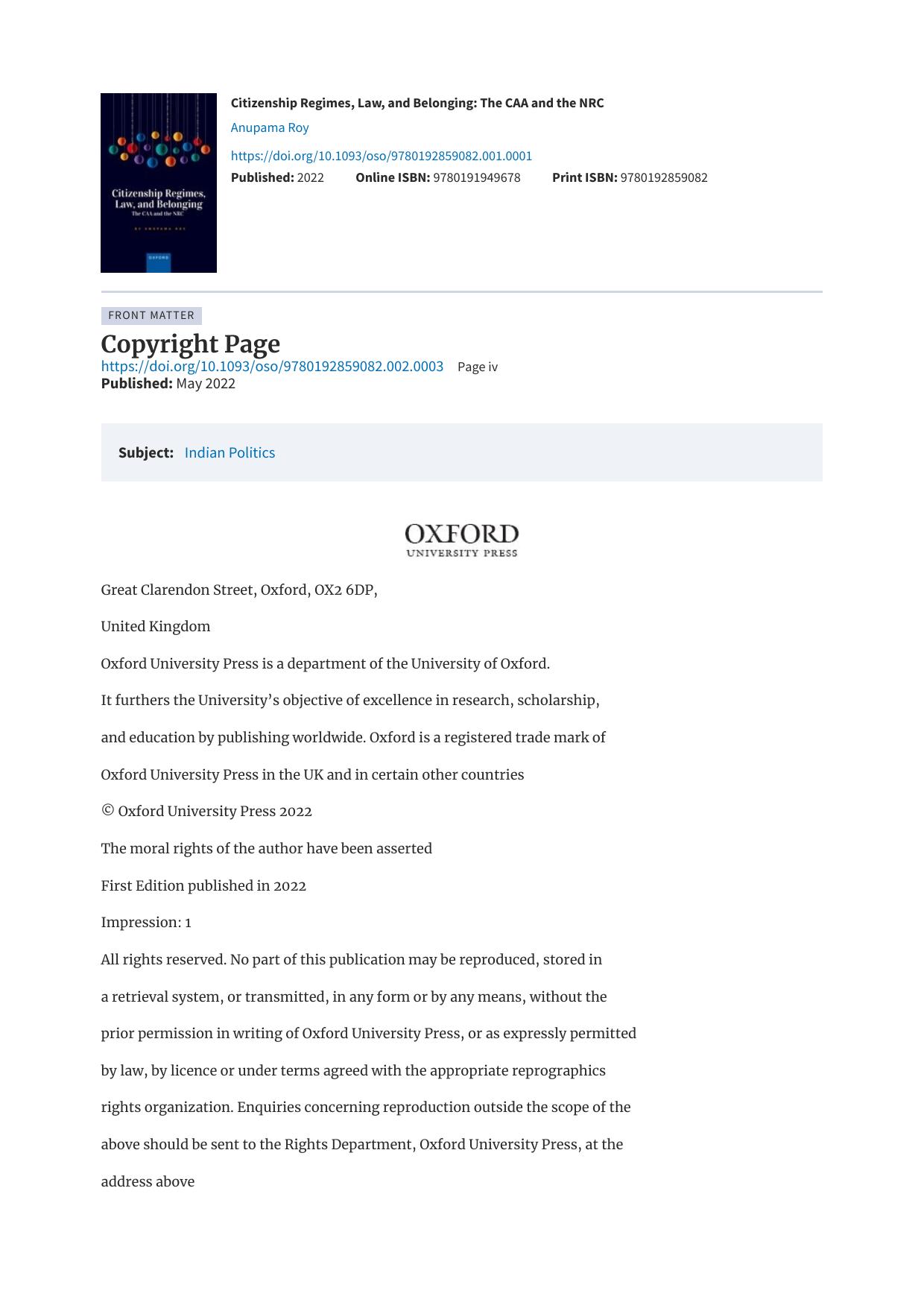 Citizenship Regimes, Law, and Belonging: The CAA and the NRC by Anupama Roy