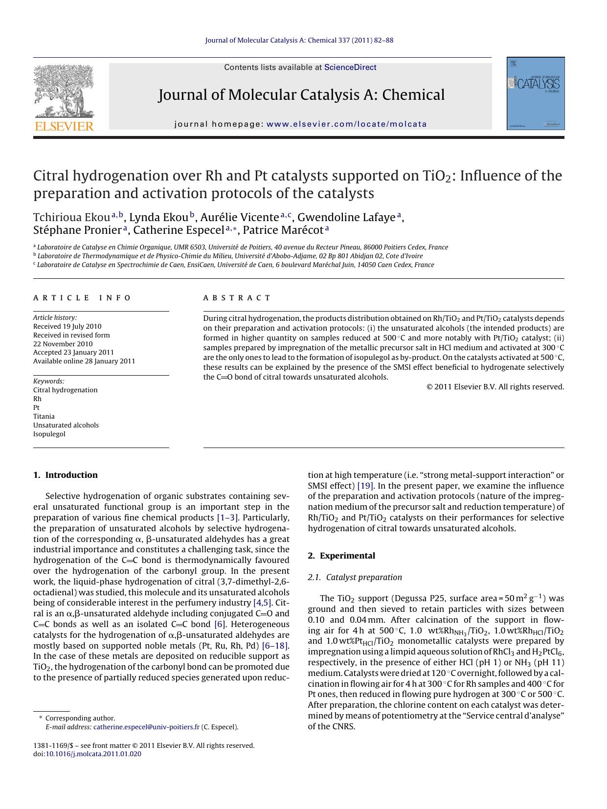 Citral hydrogenation over Rh and Pt catalysts supported on TiO2: Influence of the preparation and activation protocols of the catalysts by Tchirioua Ekou