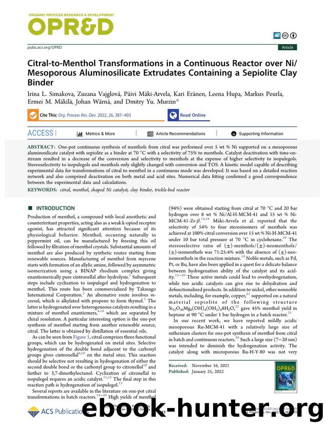 Citral-to-Menthol Transformations in a Continuous Reactor over NiMesoporous Aluminosilicate Extrudates Containing a Sepiolite Clay Binder by unknow