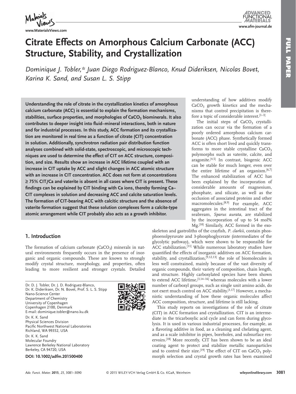 Citrate Effects on Amorphous Calcium Carbonate (ACC) Structure, Stability, and Crystallization by Unknown
