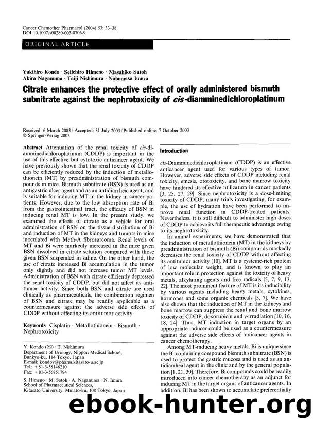 Citrate enhances the protective effect of orally administered bismuth subnitrate against the nephrotoxicity of <Emphasis Type="Italic">cis <Emphasis>-diamminedichloroplatinum by Unknown