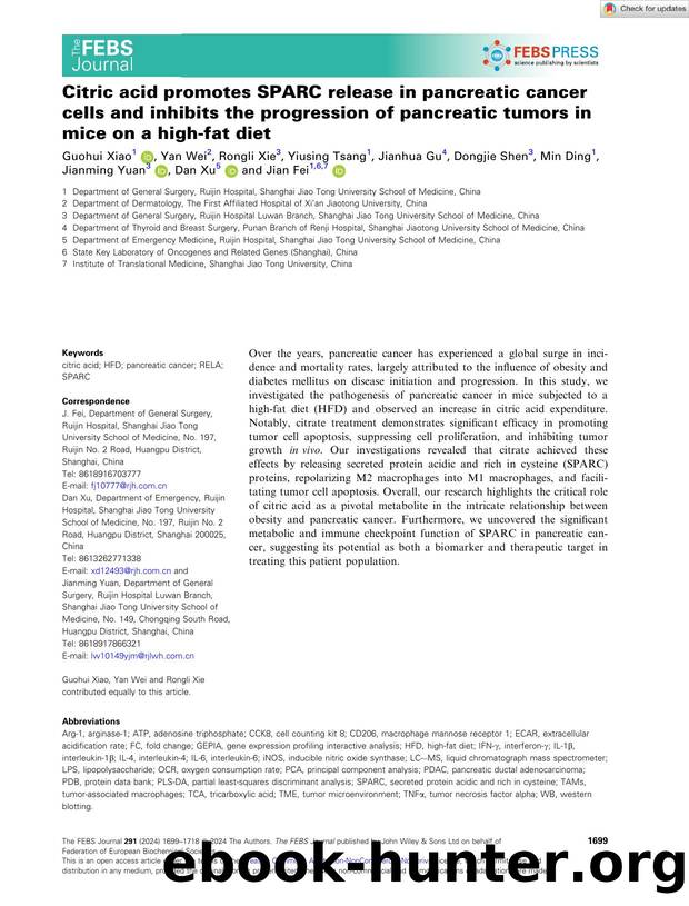 Citric acid promotes SPARC release in pancreatic cancer cells and inhibits the progression of pancreatic tumors in mice on a highâfat diet by Unknown
