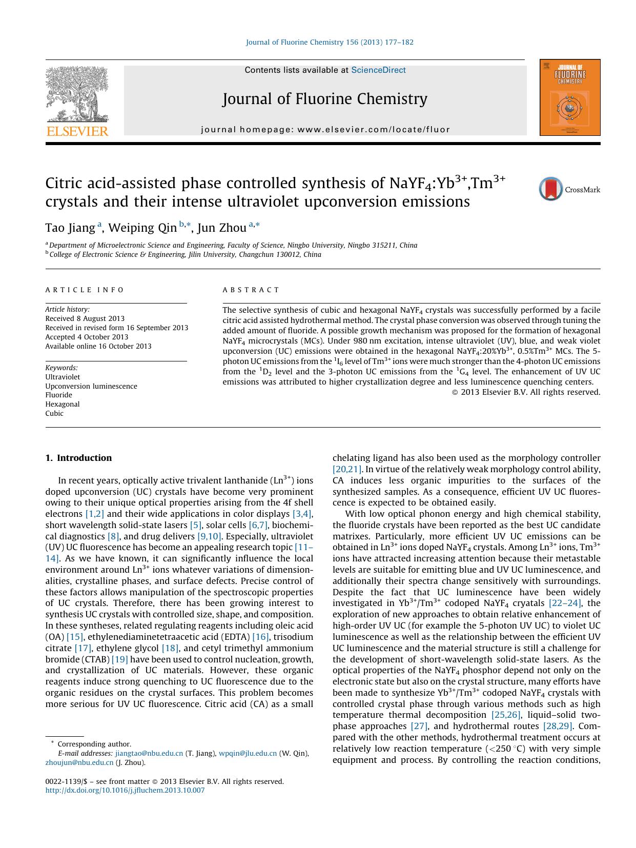 Citric acid-assisted phase controlled synthesis of NaYF4:Yb3+,Tm3+ crystals and their intense ultraviolet upconversion emissions by Tao Jiang & Weiping Qin & Jun Zhou