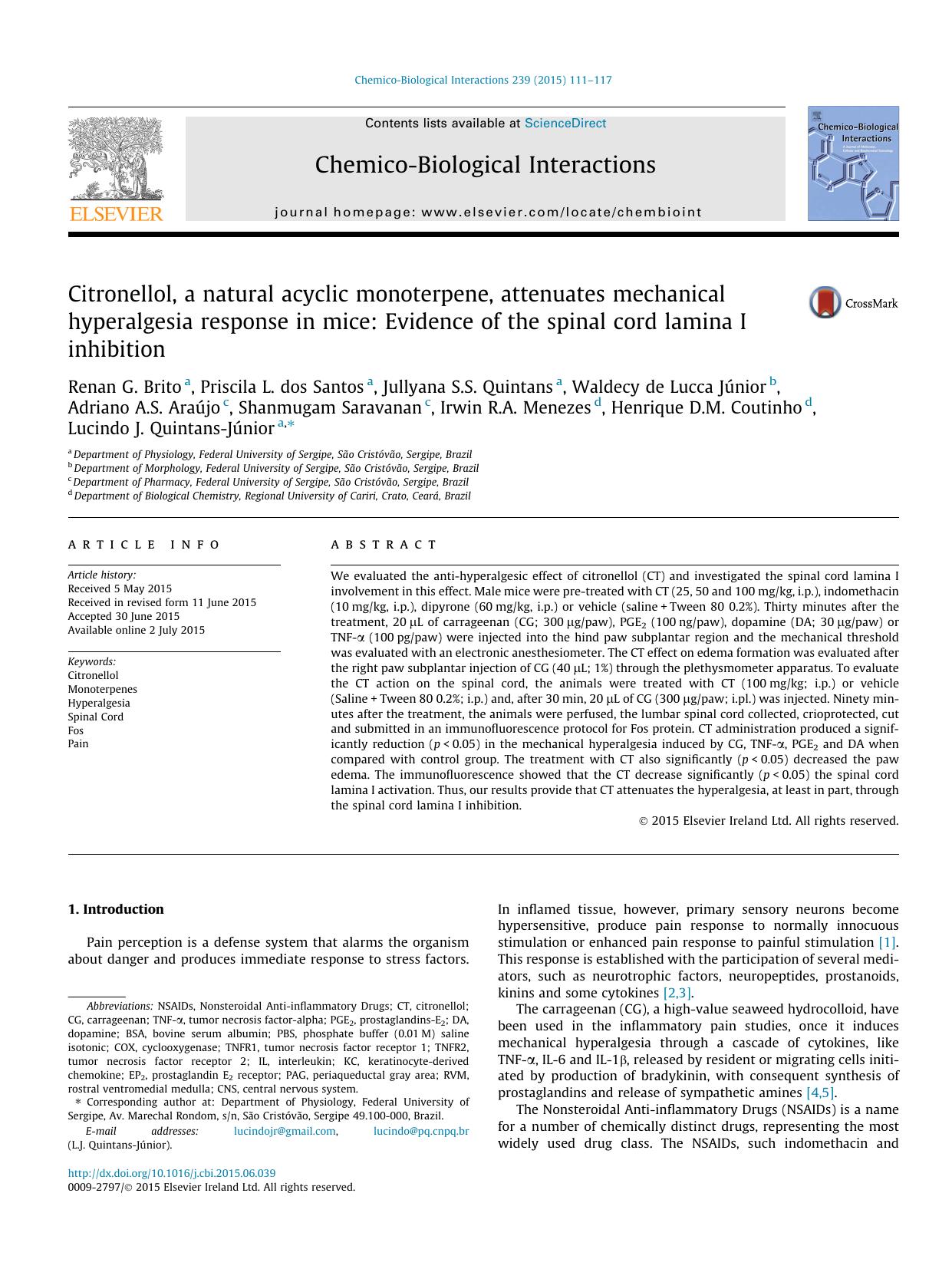 Citronellol, a natural acyclic monoterpene, attenuates mechanical hyperalgesia response in mice: Evidence of the spinal cord lamina I inhibition by unknow