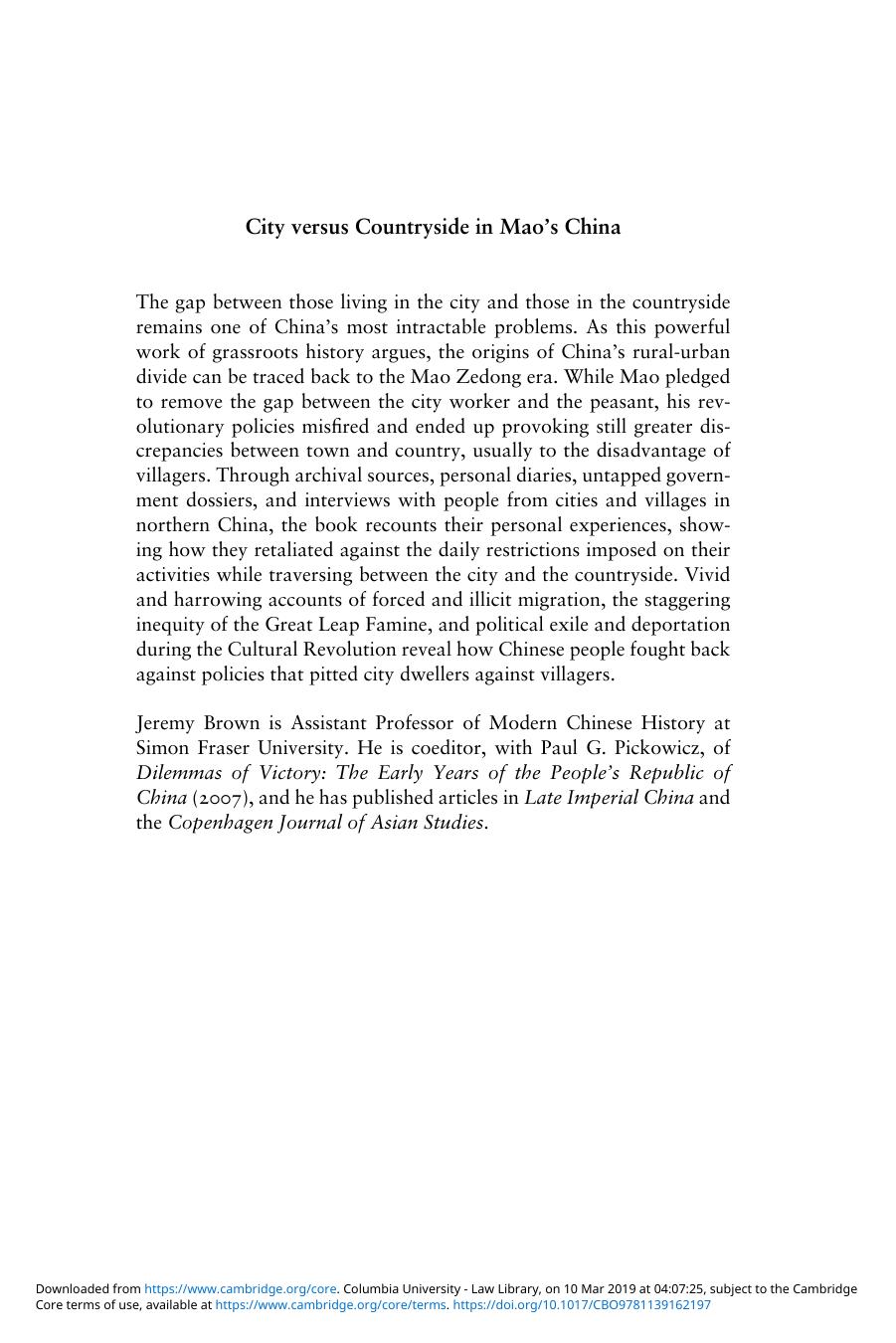 City Versus Countryside in Maoâs China: Negotiating the Divide by Jeremy Brown