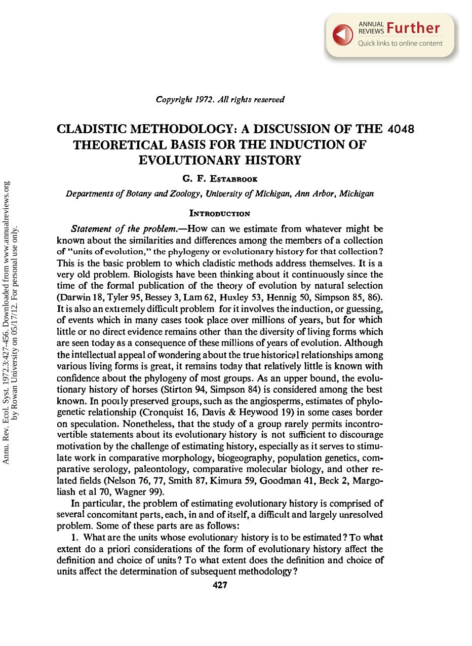 Cladistic Methodology: A Discussion of the Theoretical Basis for the Induction of Evolutionary History by G F Estabrook