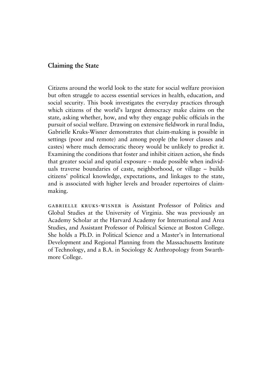 Claiming the State: Active Citizenship and Social Welfare in Rural India by Gabrielle Kruks-Wisner