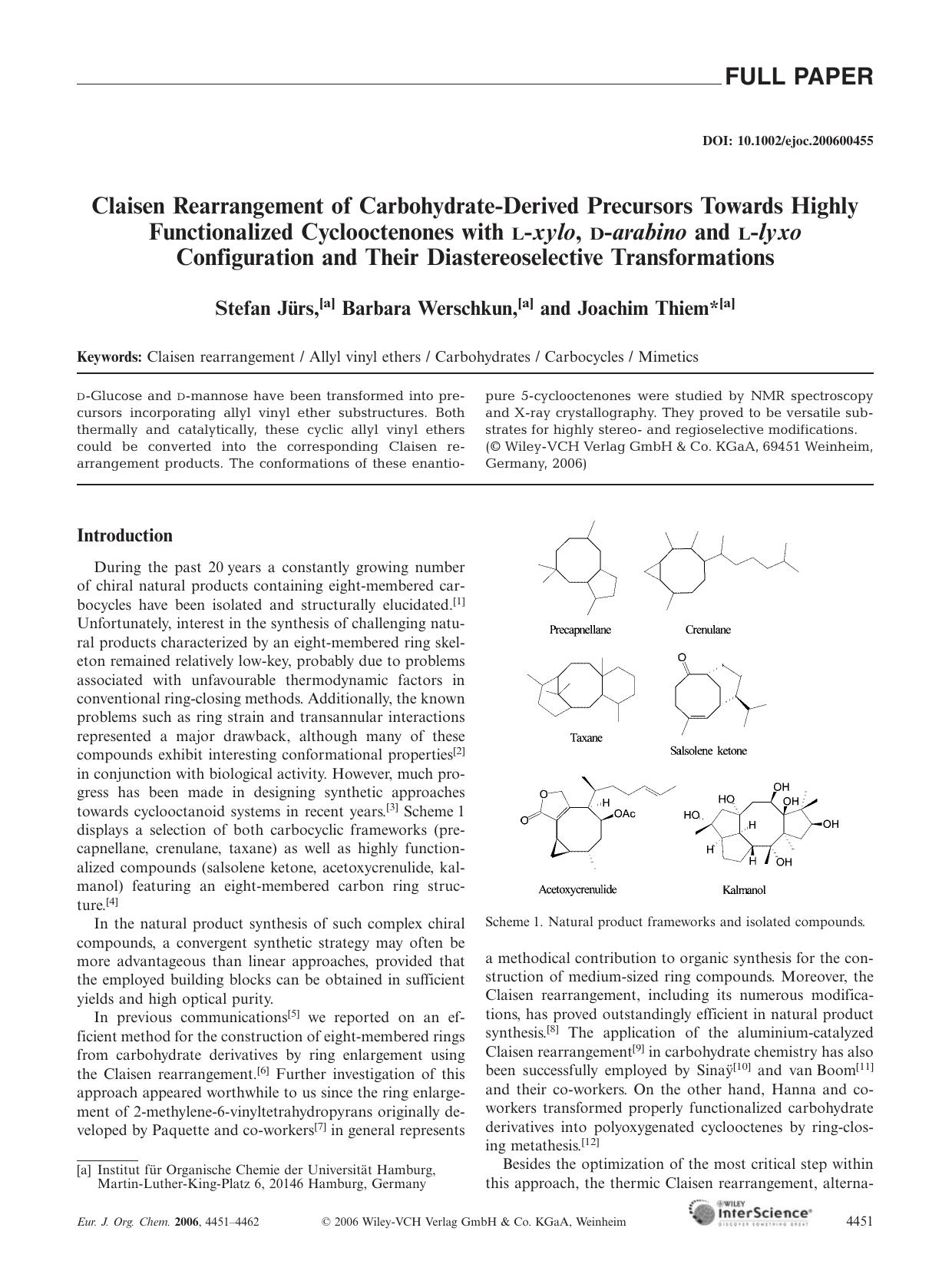 Claisen Rearrangement of Carbohydrate-Derived Precursors Towards Highly Functionalized Cyclooctenones with L-xylo, D-arabino and L-lyxo Configuration and Their Diastereoselective Transformations by Unknown