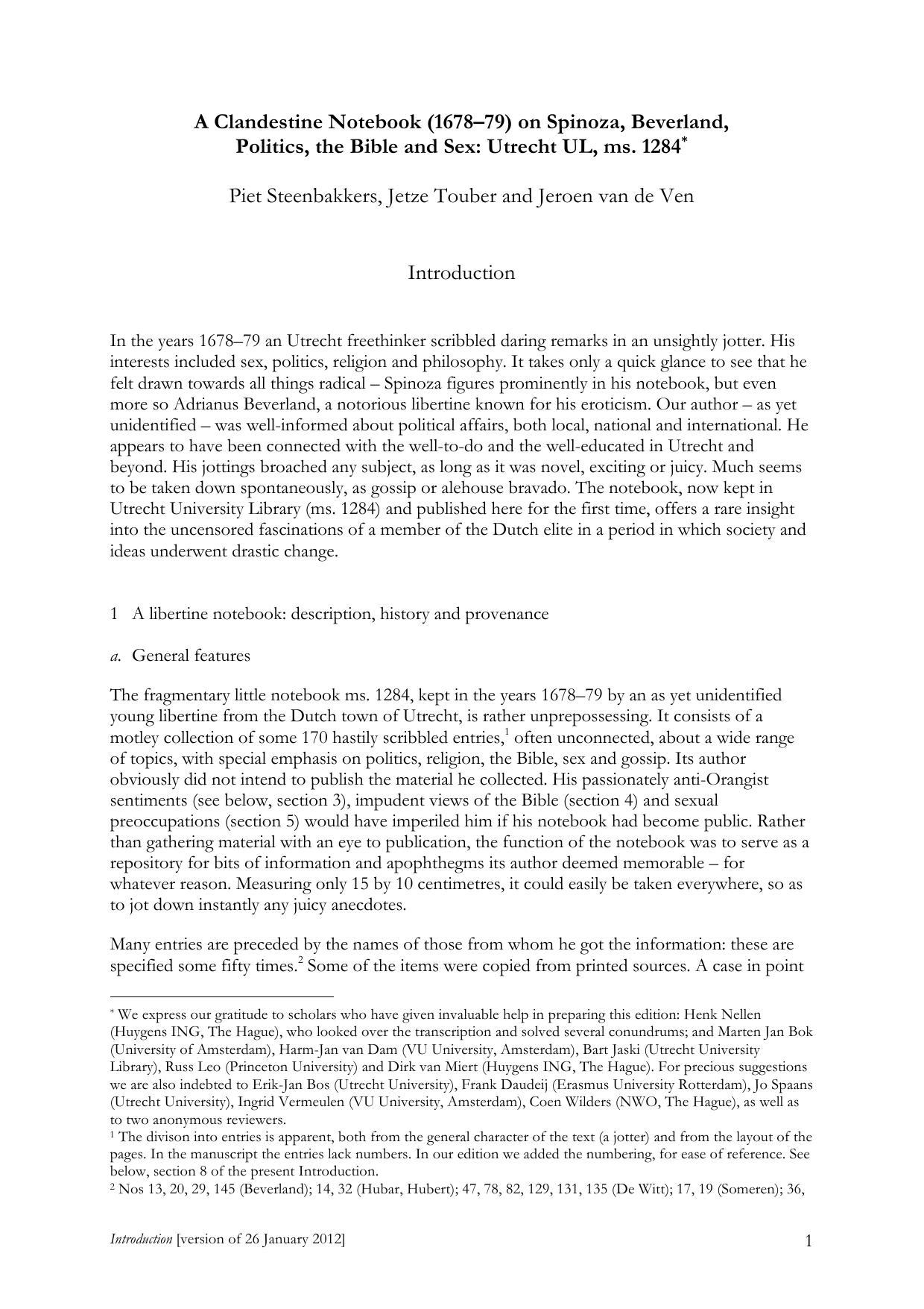 Clandestine Notebook (1678-1679) on Spinoza, Beverland, Politics, the Bible and Sex by Piet Steenbakkers Jetze Touber Jeroen van de Ven