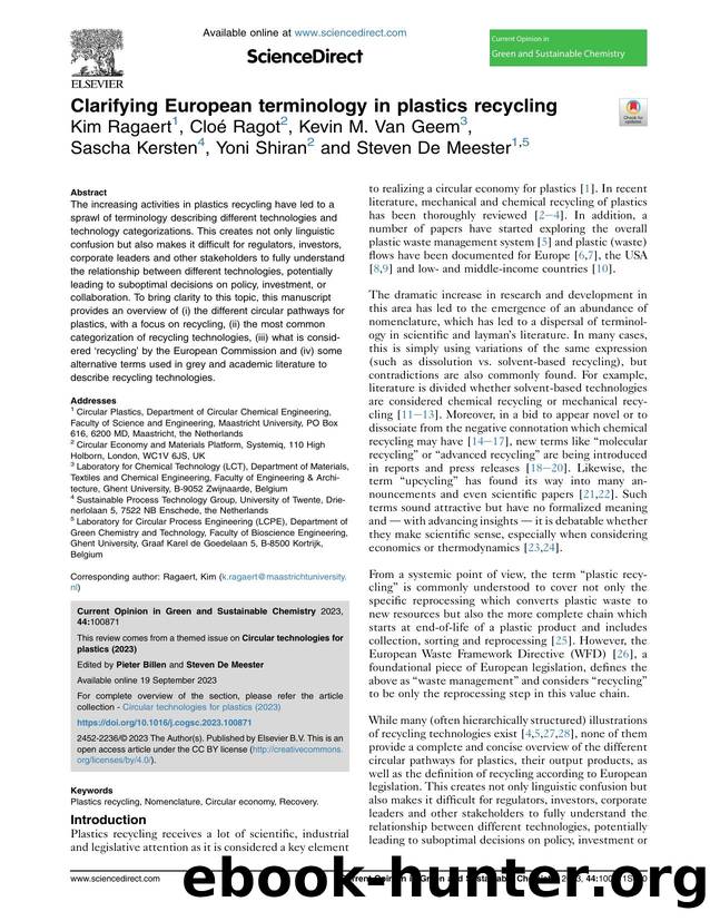 Clarifying European terminology in plastics recycling by Kim Ragaert & Cloé Ragot & Kevin M. Van Geem & Sascha Kersten & Yoni Shiran & Steven De Meester