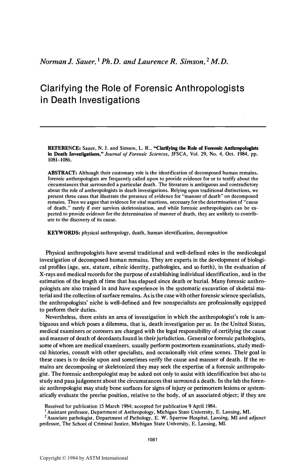 Clarifying the Role of Forensic Anthropologists in Death Investigations by Sauer NJ Simson LR