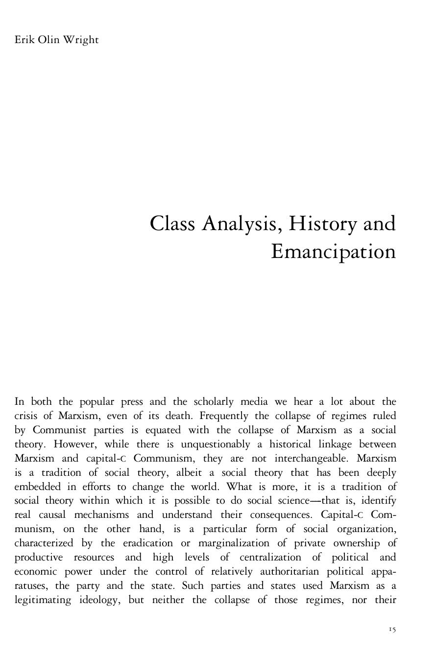 Class Analysis, History and Emancipation by Erik Olin Wright
