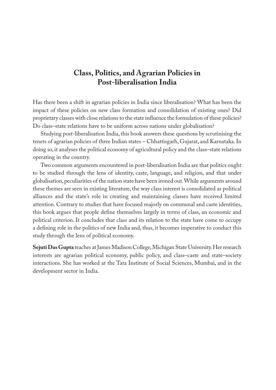 Class, Politics, and Agrarian Policies in Post-liberalisation India by Sejuti Das Gupta