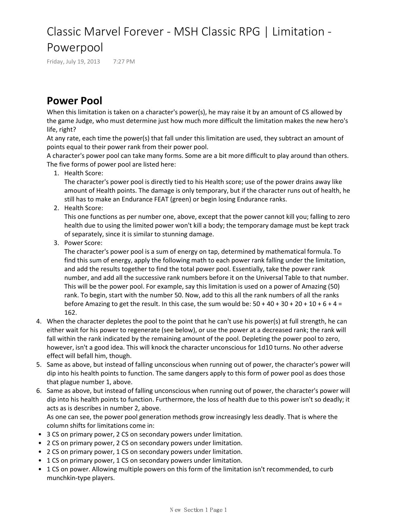 Classic Marvel Forever - MSH Classic RPG Limitation by Powerpool