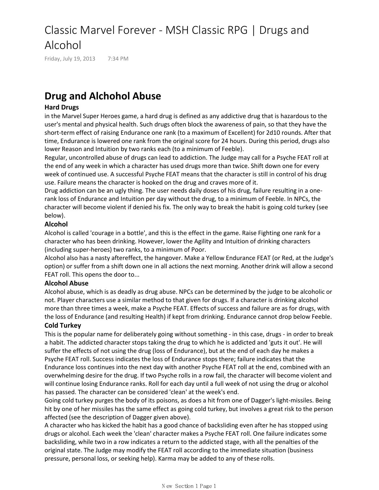 Classic Marvel Forever by MSH Classic RPG Drugs & Alcohol