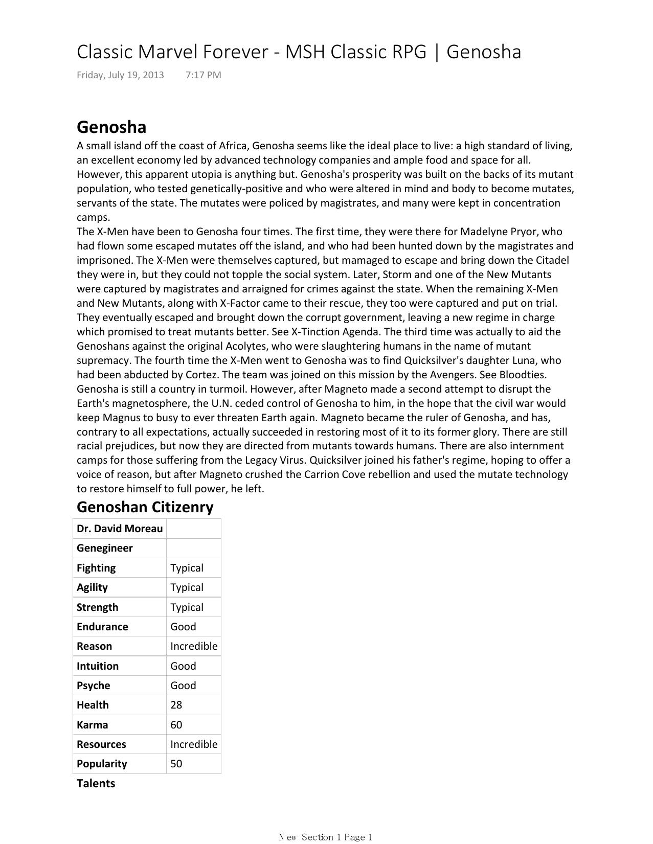 Classic Marvel Forever by MSH Classic RPG Genosha