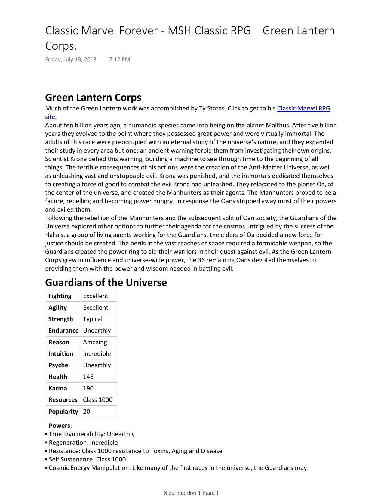 Classic Marvel Forever by MSH Classic RPG Green Lantern Corps