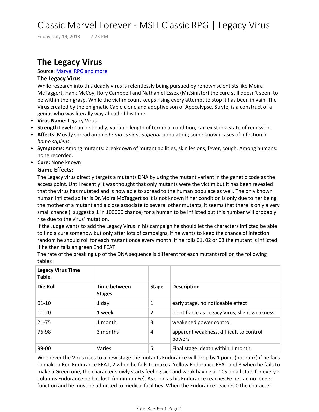 Classic Marvel Forever by MSH Classic RPG Legacy Virus