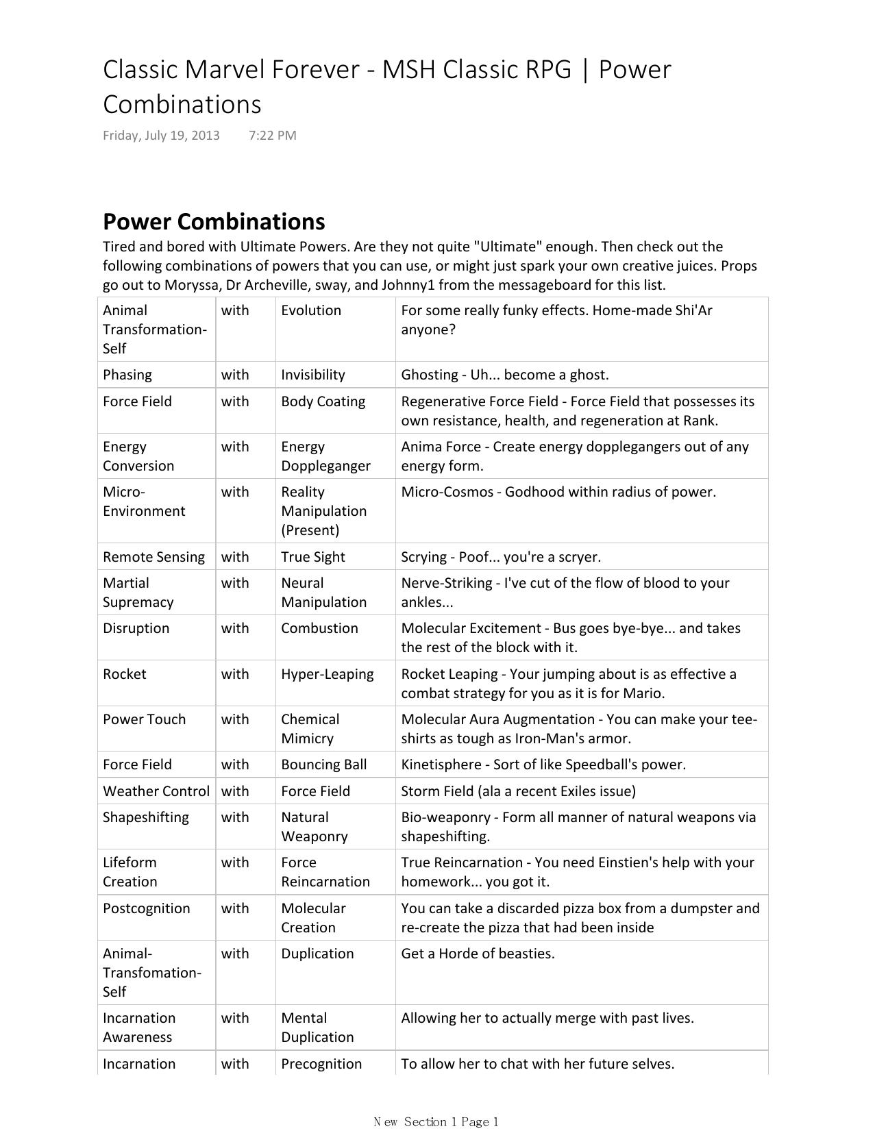 Classic Marvel Forever by MSH Classic RPG Power Combinations