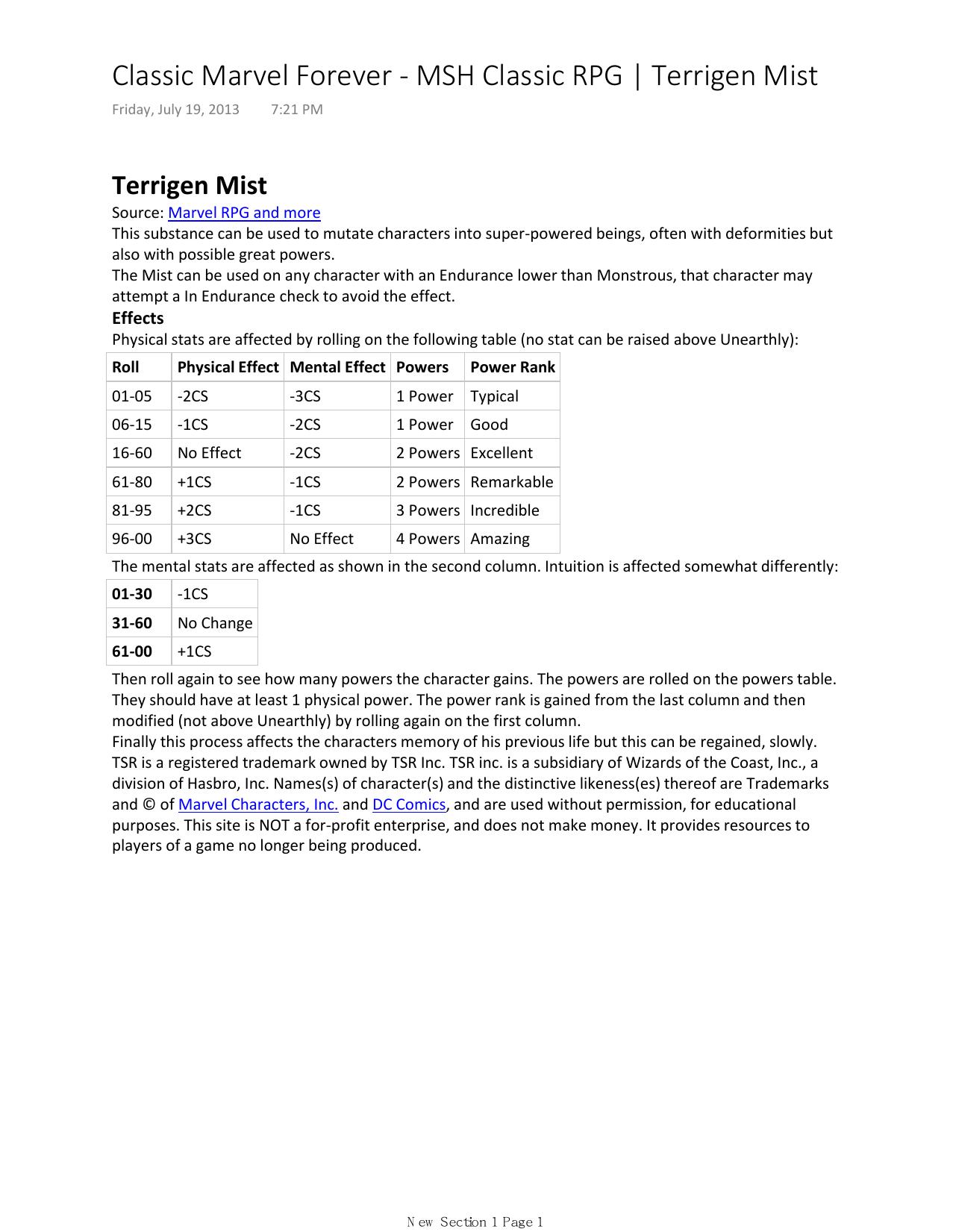 Classic Marvel Forever by MSH Classic RPG Terrigen Mist