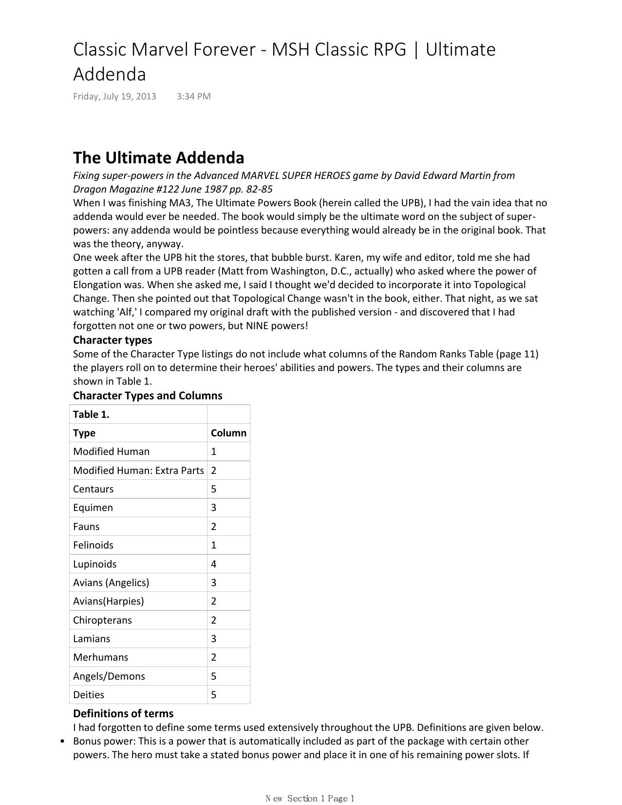 Classic Marvel Forever by MSH Classic RPG Ultimate Addenda