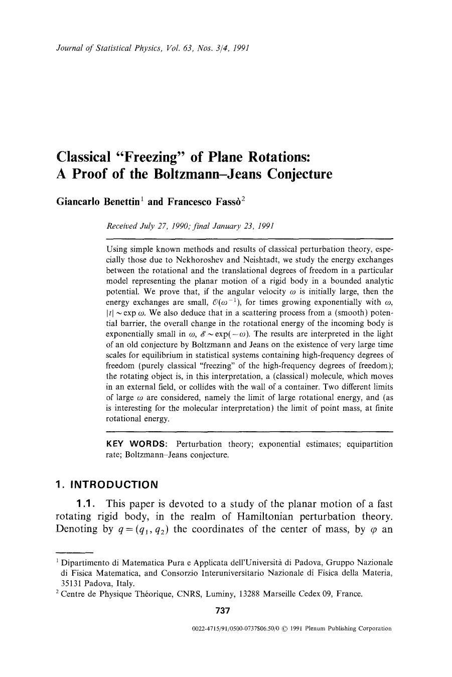 Classical “freezing” of plane rotations: A proof of the Boltzmann-Jeans conjecture by Unknown