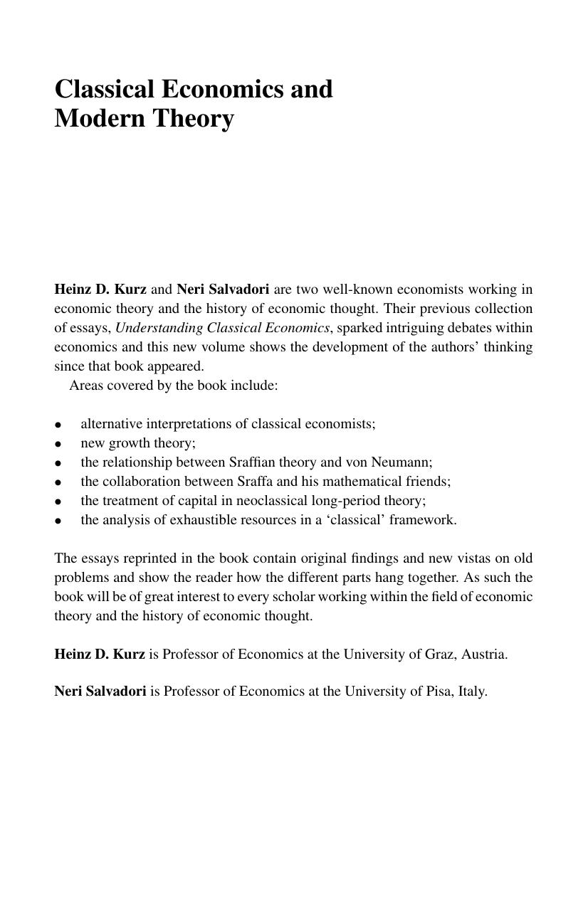 Classical Economics and Modern Theory: Studies in Long-Period Analysis (Routledge Studies in the History of Economics, 63) by Heinz D. Kurz