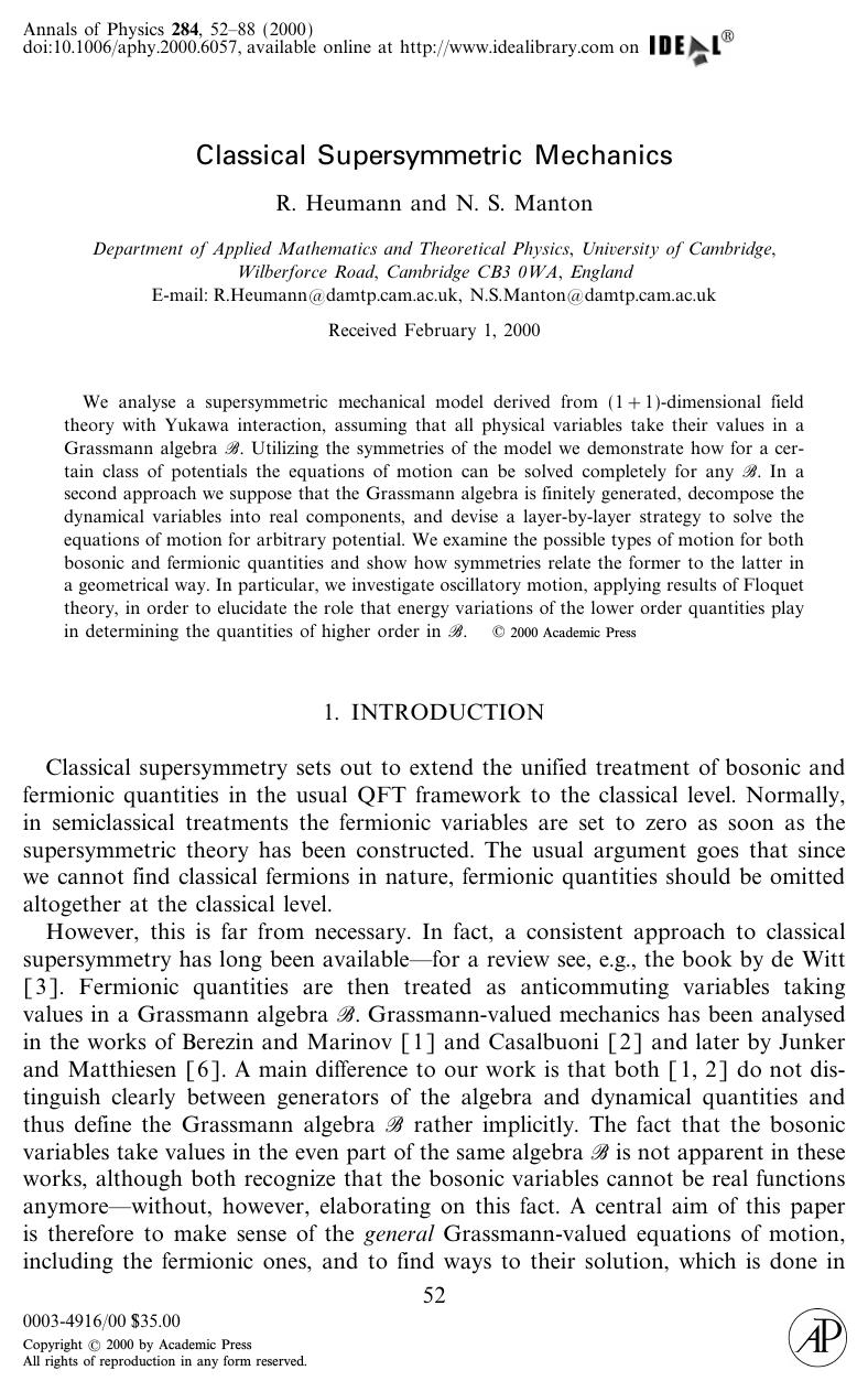 Classical Supersymmetric Mechanics by Heumann R. et al