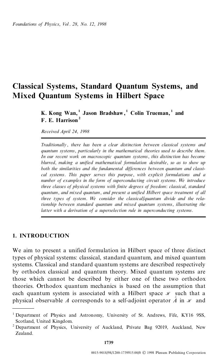Classical Systems, Standard Quantum Systems, and Mixed Quantum Systems in Hilbert Space by Unknown