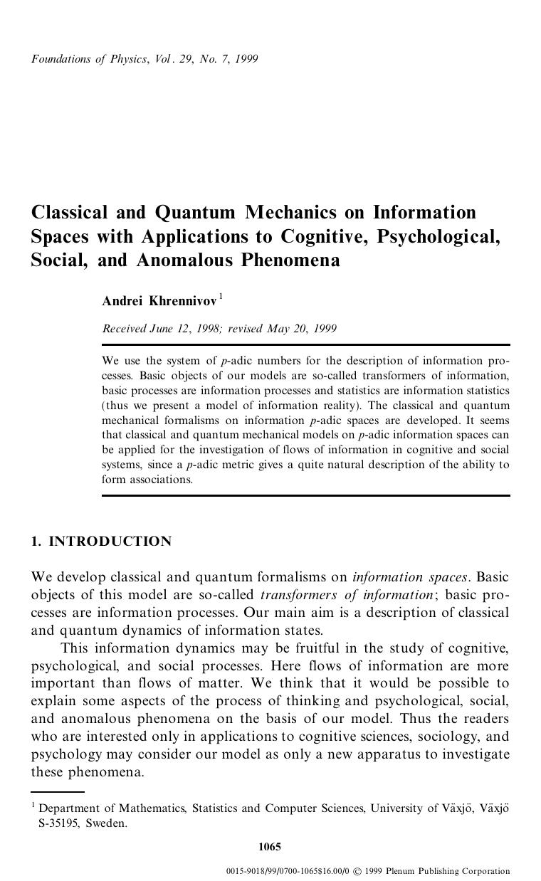 Classical and Quantum Mechanics on Information Spaces with Applications to Cognitive, Psychological, Social, and Anomalous Phenomena by Unknown