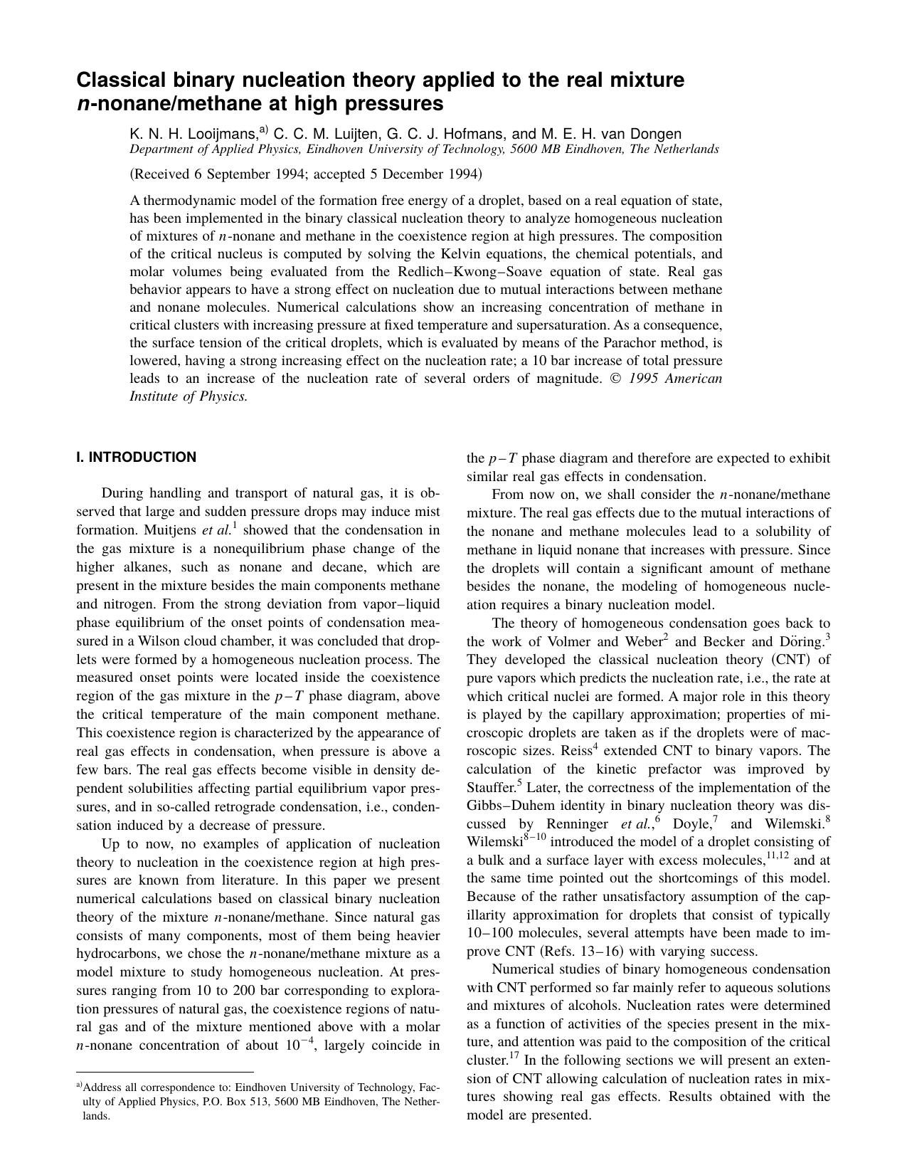 Classical binary nucleation theory applied to the by K. N. H. Looijmans & C. C. M. Luitjen & G. C. J