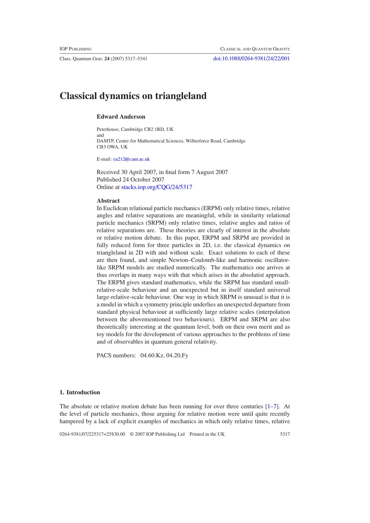 Classical dynamics on triangleland by E Anderson