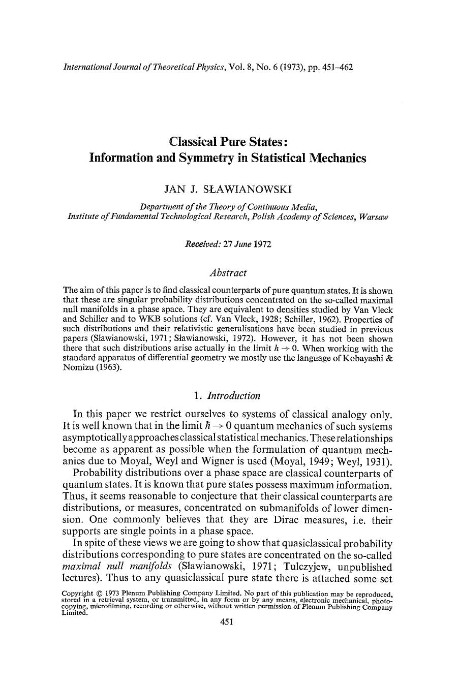 Classical pure states: Information and symmetry in statistical mechanics by Unknown