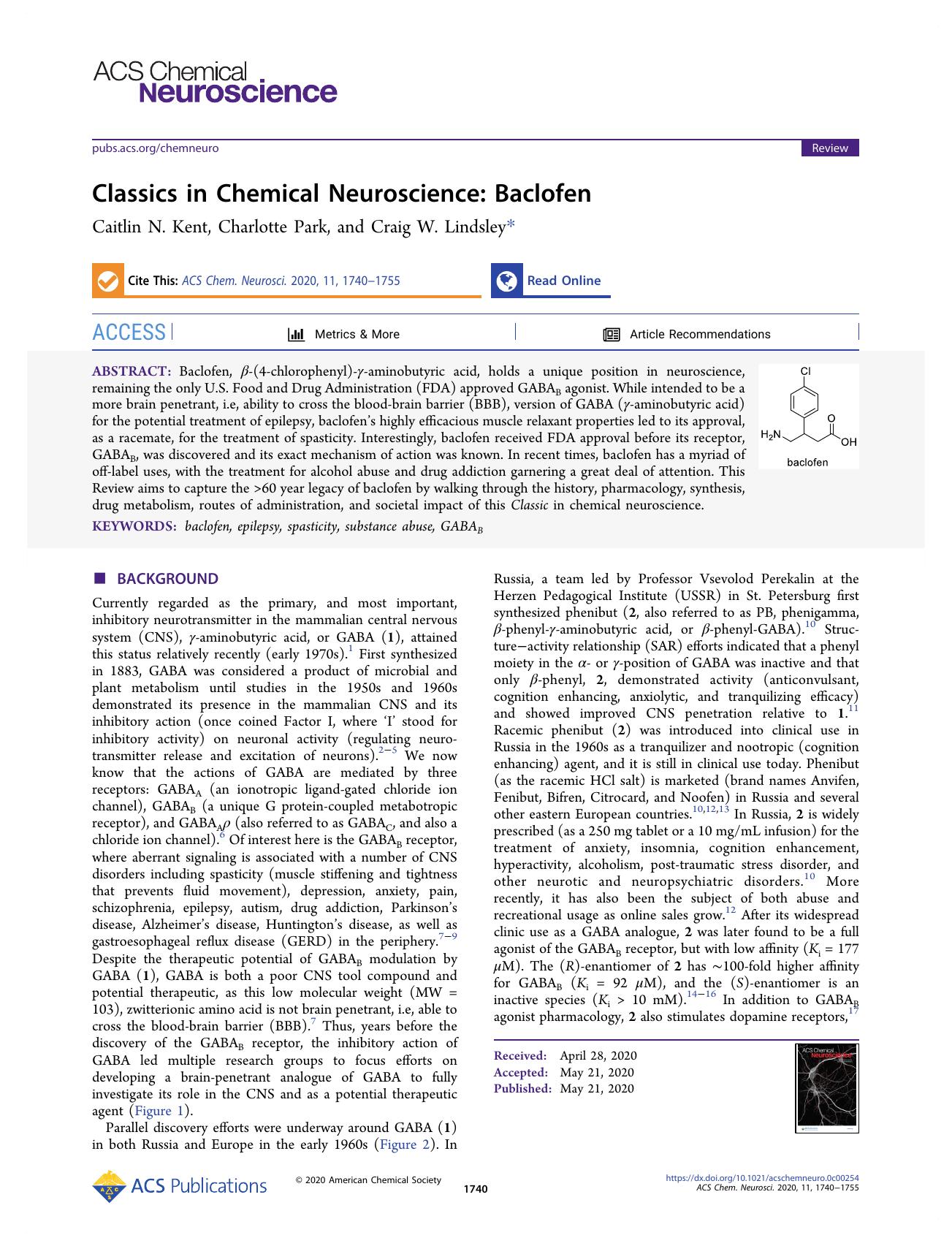 Classics in Chemical Neuroscience: Baclofen by Caitlin N. Kent Charlotte Park and Craig W. Lindsley