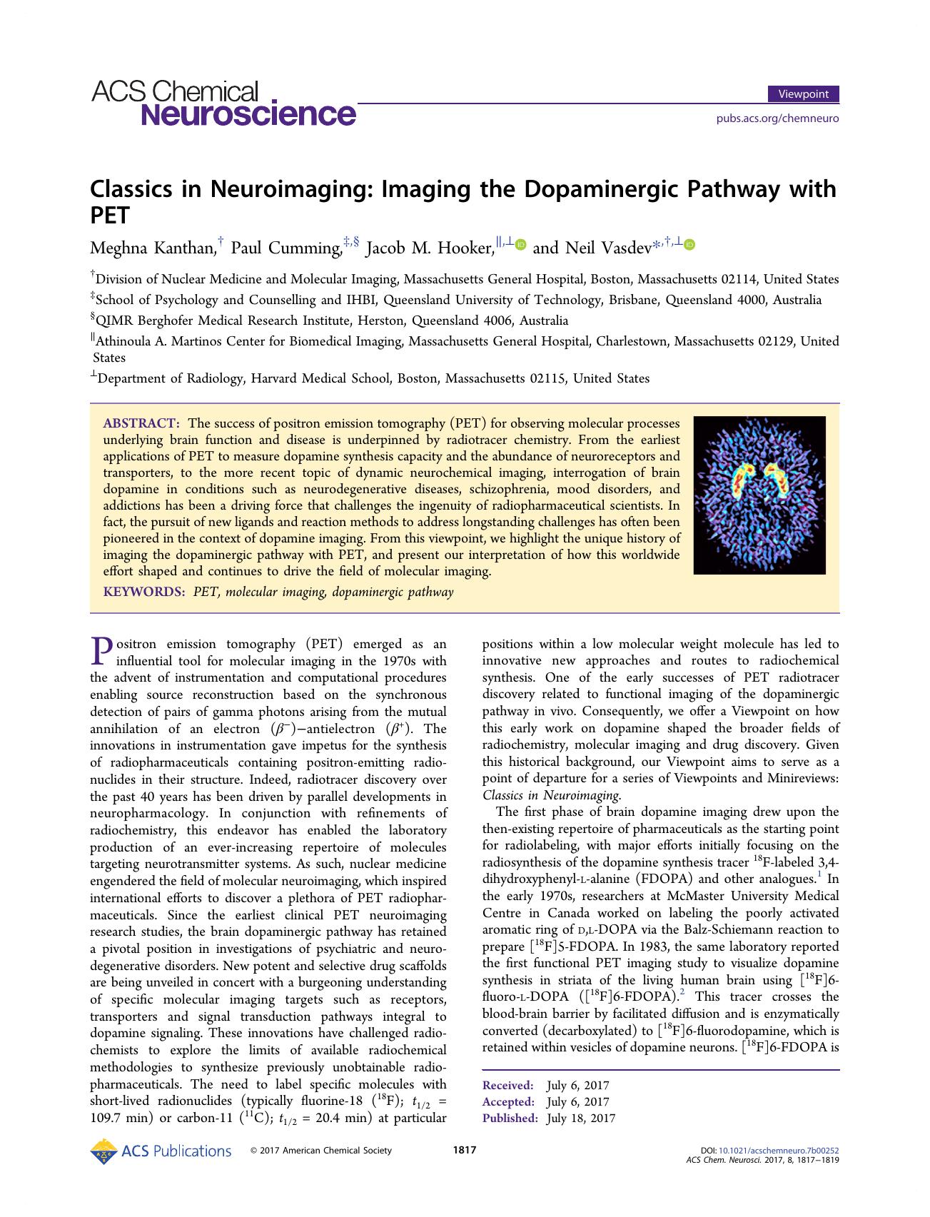 Classics in Neuroimaging: Imaging the Dopaminergic Pathway with PET by Meghna Kanthan Paul Cumming Jacob M. Hooker and Neil Vasdev